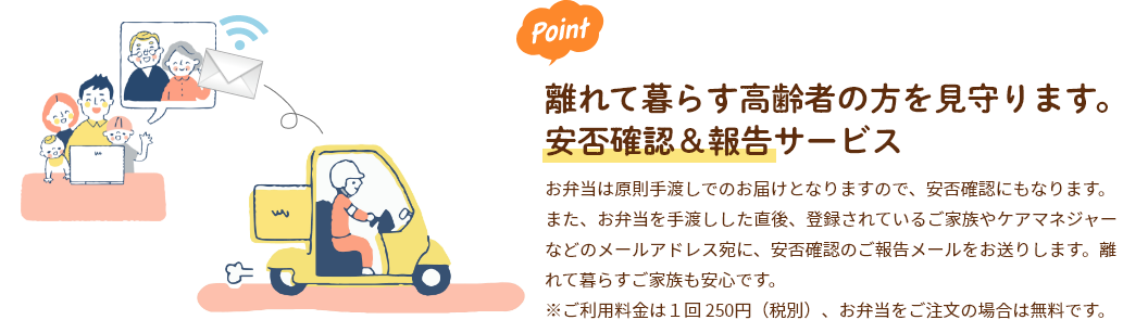 離れて暮らす高齢者の方を見守ります。安否確認＆報告サービス